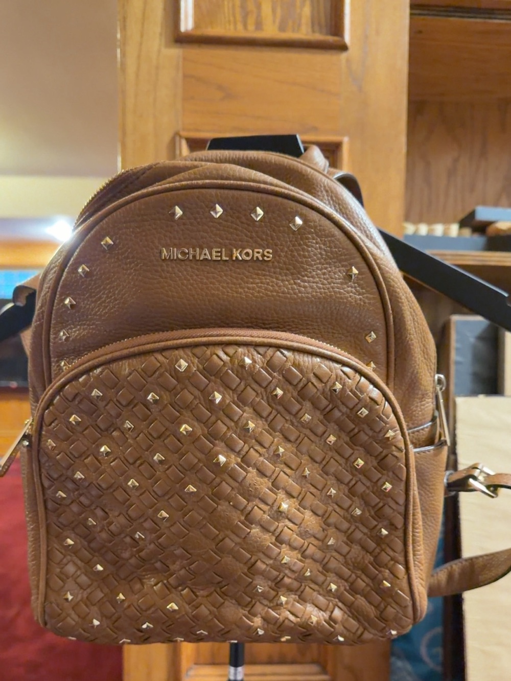Michael Kors Tan Woven Studded Mini Backpack
